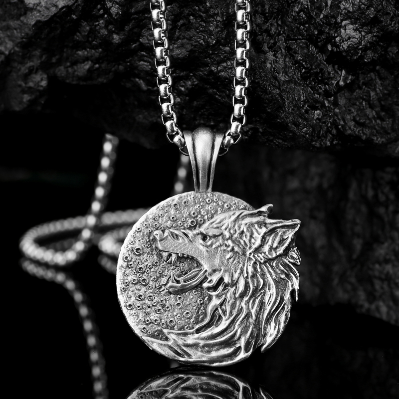 Solid Pewter Howling Wolf Moon Necklace | Lone Wolf Spirit Pendant