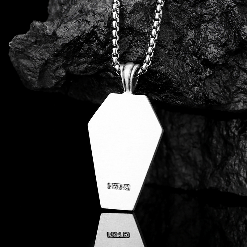 Solid pewter pendant shaped like an ancient Egyptian sarcophagus featuring a 3D relief of the jackal god Anubis and an Ankh symbol