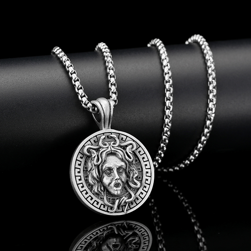 Solid lead-free pewter Greek mythology pendant featuring a 3D Medusa Gorgon head with snake hair enclosed in a classic Greek Key Meander border