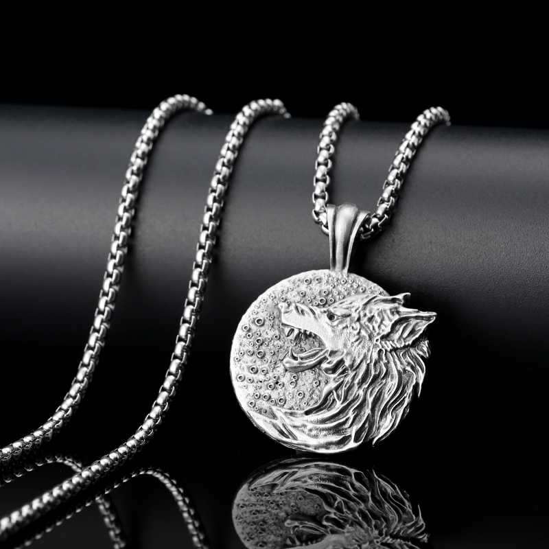 Solid Pewter Howling Wolf Moon Necklace | Lone Wolf Spirit Pendant