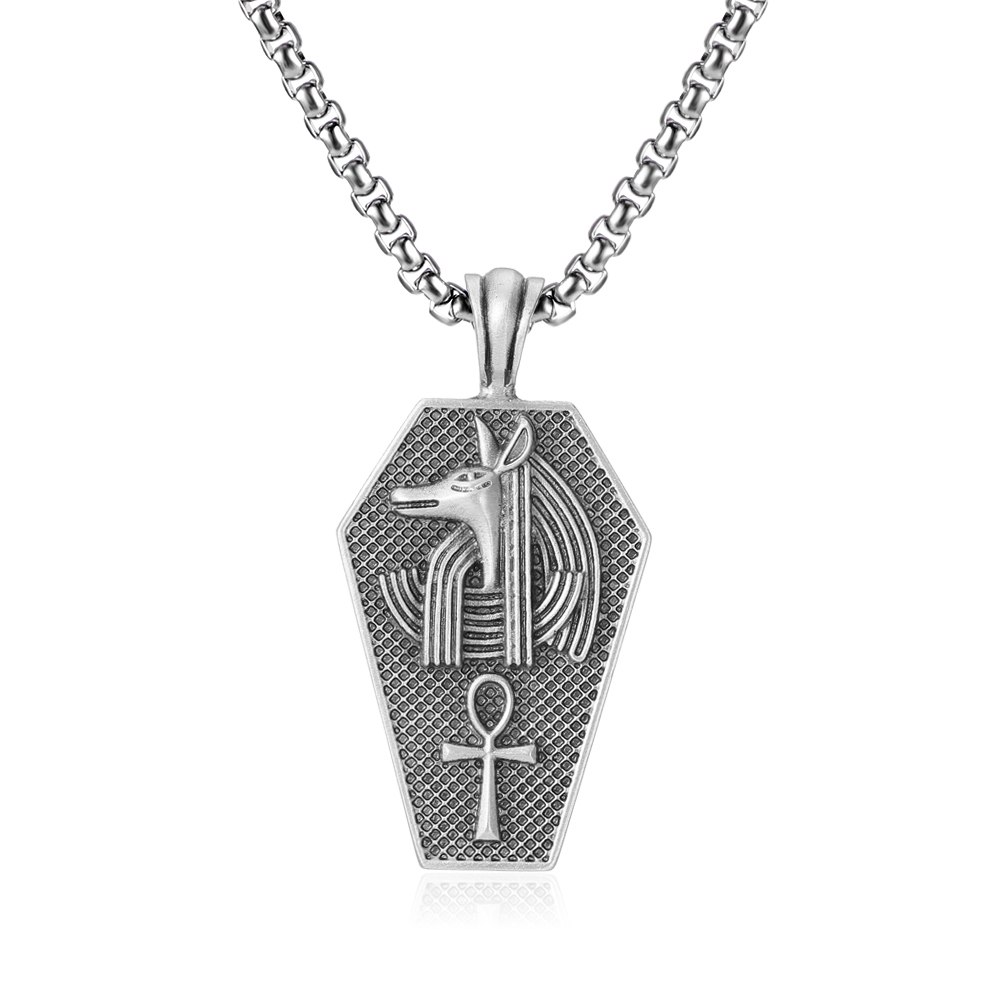 Solid pewter pendant shaped like an ancient Egyptian sarcophagus featuring a 3D relief of the jackal god Anubis and an Ankh symbol