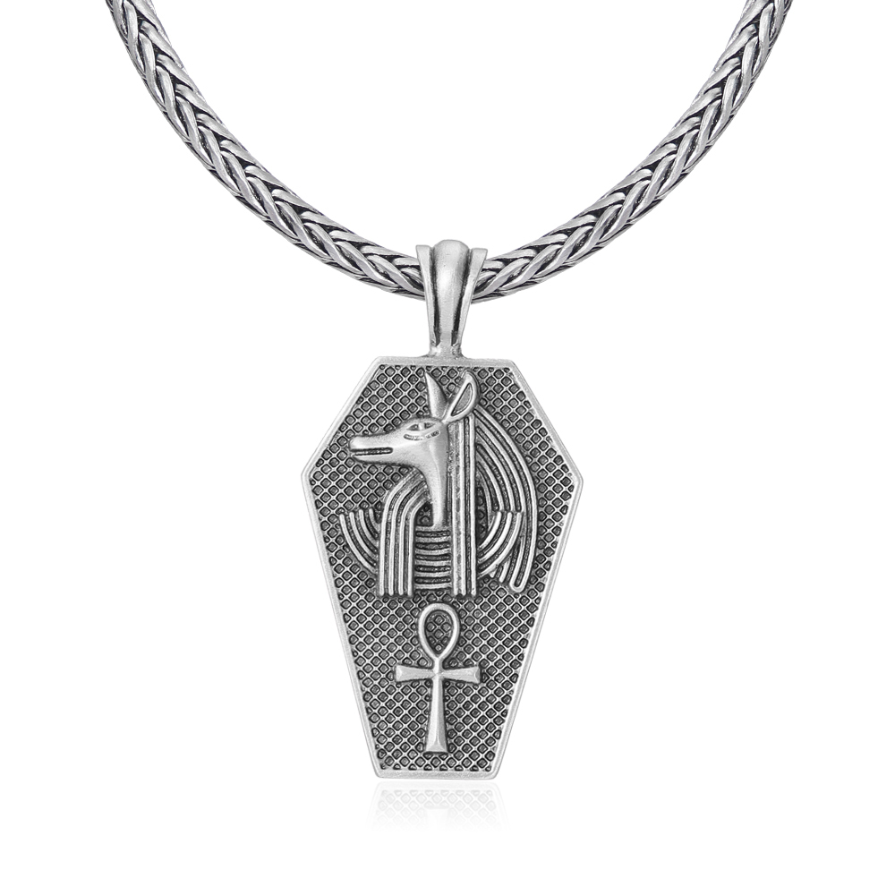 Solid pewter pendant shaped like an ancient Egyptian sarcophagus featuring a 3D relief of the jackal god Anubis and an Ankh symbol