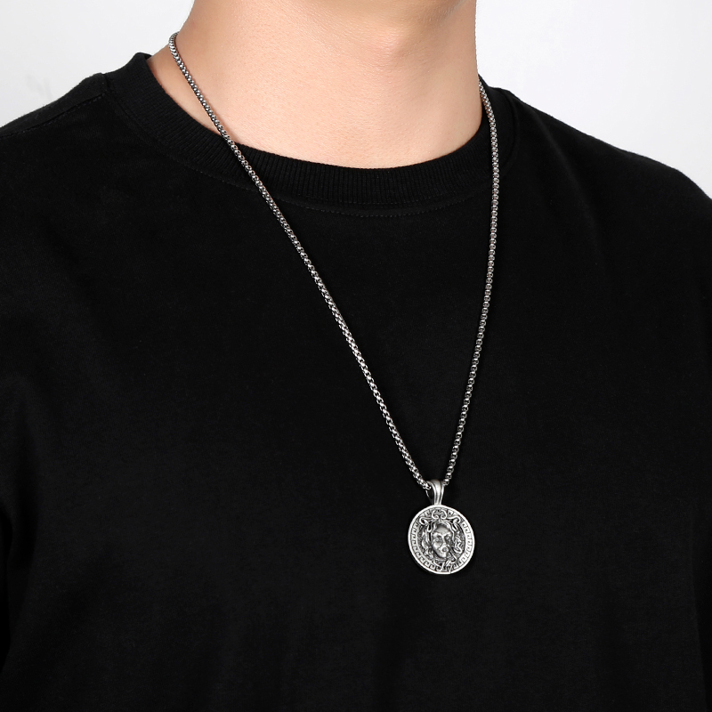 Solid lead-free pewter Greek mythology pendant featuring a 3D Medusa Gorgon head with snake hair enclosed in a classic Greek Key Meander border