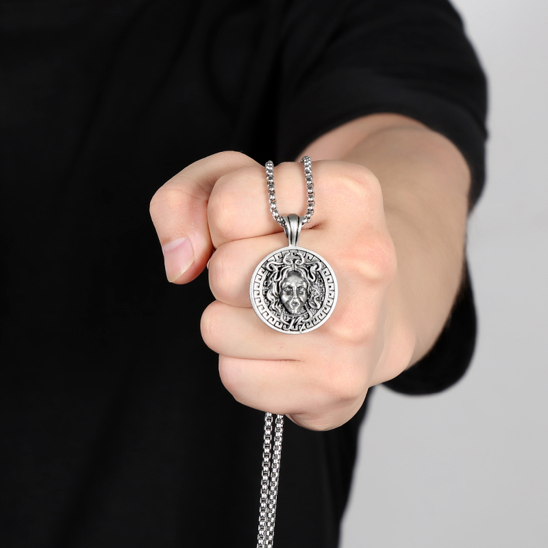 Solid lead-free pewter Greek mythology pendant featuring a 3D Medusa Gorgon head with snake hair enclosed in a classic Greek Key Meander border