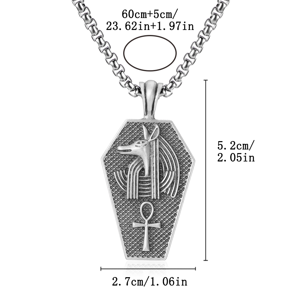 Solid pewter pendant shaped like an ancient Egyptian sarcophagus featuring a 3D relief of the jackal god Anubis and an Ankh symbol