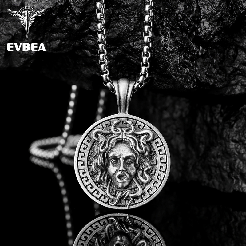 Solid lead-free pewter Greek mythology pendant featuring a 3D Medusa Gorgon head with snake hair enclosed in a classic Greek Key Meander border