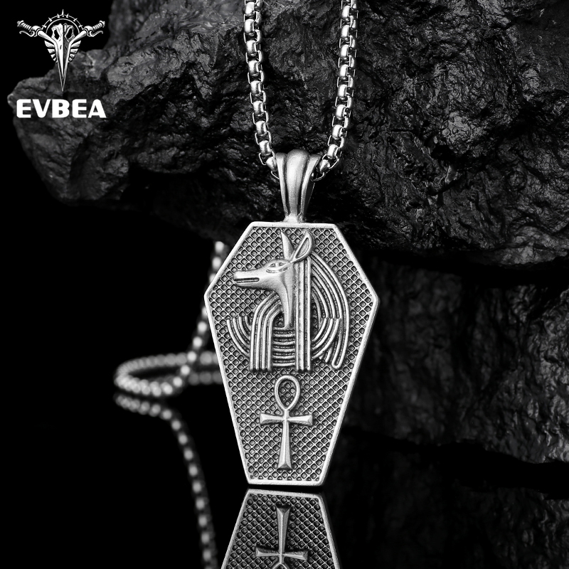 Solid pewter pendant shaped like an ancient Egyptian sarcophagus featuring a 3D relief of the jackal god Anubis and an Ankh symbol