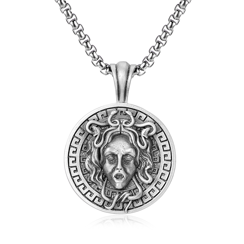 Solid lead-free pewter Greek mythology pendant featuring a 3D Medusa Gorgon head with snake hair enclosed in a classic Greek Key Meander border
