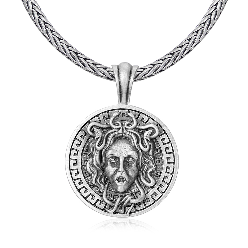 Solid lead-free pewter Greek mythology pendant featuring a 3D Medusa Gorgon head with snake hair enclosed in a classic Greek Key Meander border