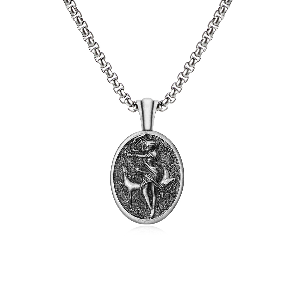 Solid lead-free pewter oval pendant featuring a detailed 3D relief of the Greek Goddess Artemis drawing a bow, accompanied by a sacred stag in a wild forest setting