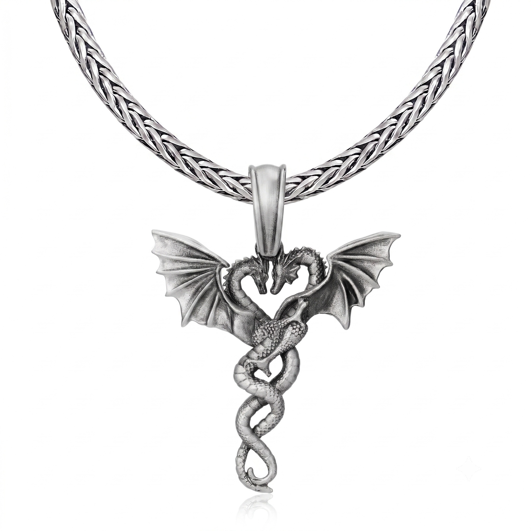 Solid Pewter Intertwined Dragon Heart Necklace | Twin Flame Pendant