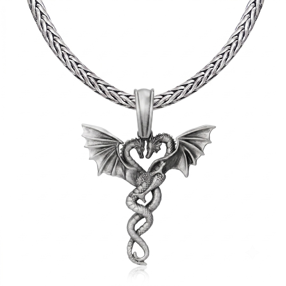 Solid Pewter Intertwined Dragon Heart Necklace | Twin Flame Pendant