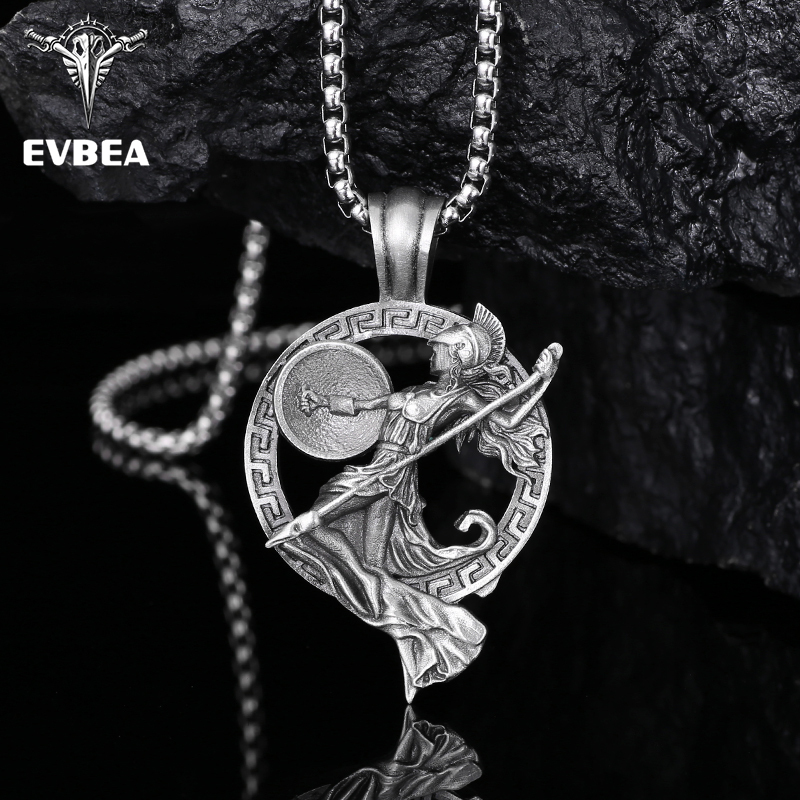 Solid lead-free pewter pendant featuring a dynamic 3D relief of the Greek Goddess Athena holding a spear and shield, stepping out of a circular Greek Key border