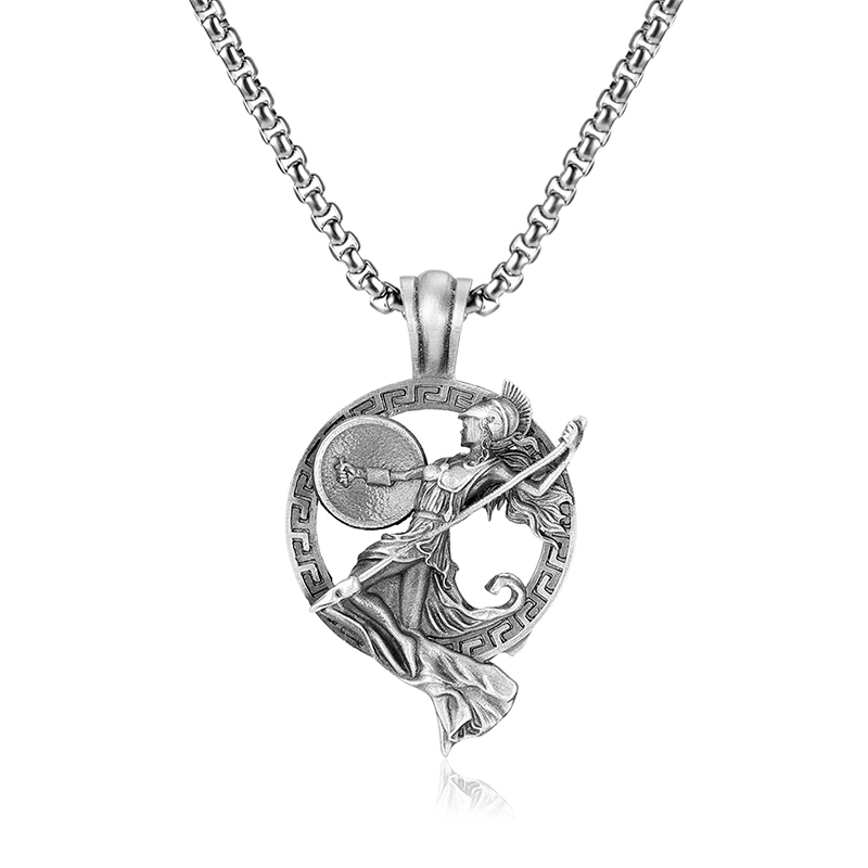 Solid lead-free pewter pendant featuring a dynamic 3D relief of the Greek Goddess Athena holding a spear and shield, stepping out of a circular Greek Key border