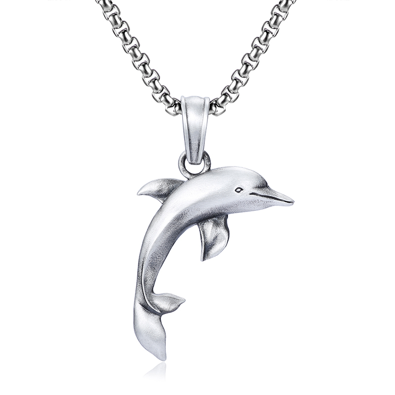 Solid lead-free pewter pendant featuring a sleek, smooth 3D leaping dolphin design
