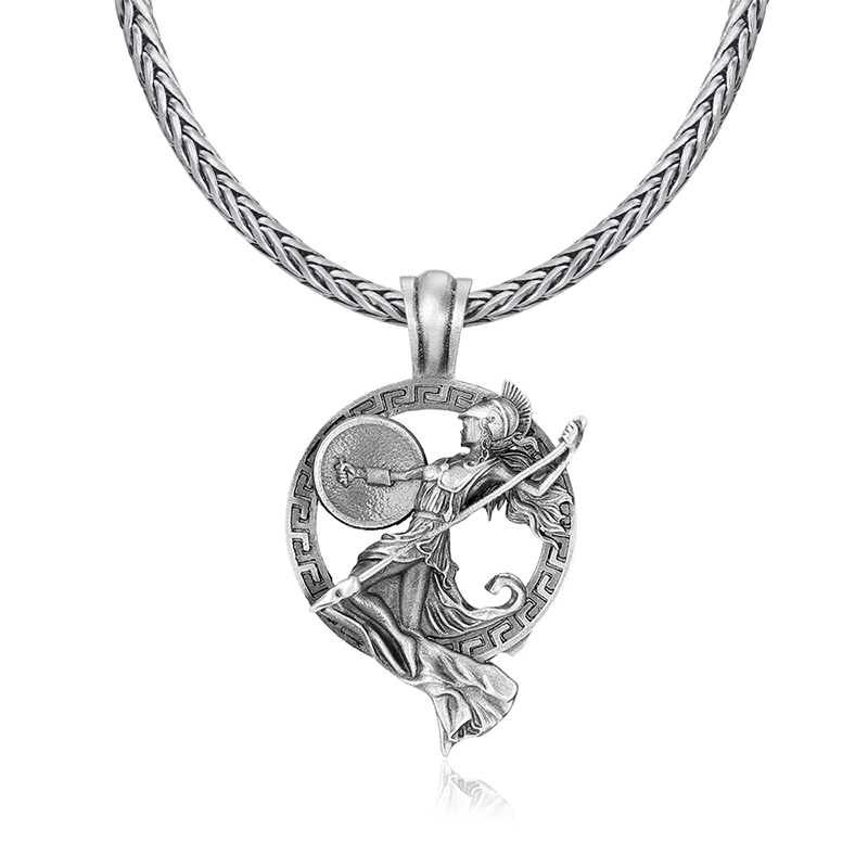 Solid lead-free pewter pendant featuring a dynamic 3D relief of the Greek Goddess Athena holding a spear and shield, stepping out of a circular Greek Key border