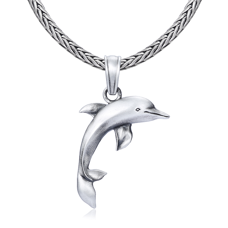 Solid lead-free pewter pendant featuring a sleek, smooth 3D leaping dolphin design