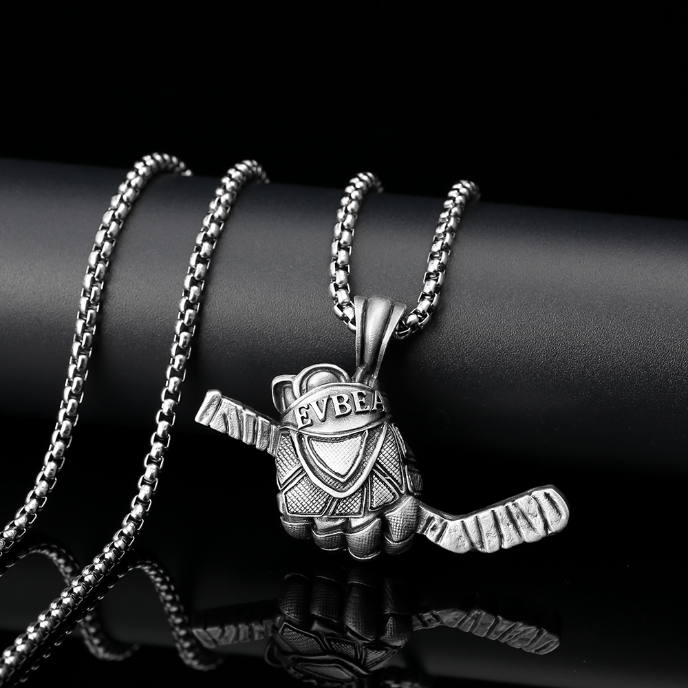 Solid Pewter Ice Hockey Glove & Stick Necklace | Sports Player Pendant