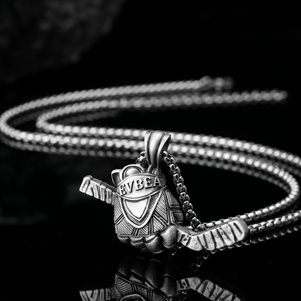 Solid Pewter Ice Hockey Glove & Stick Necklace | Sports Player Pendant