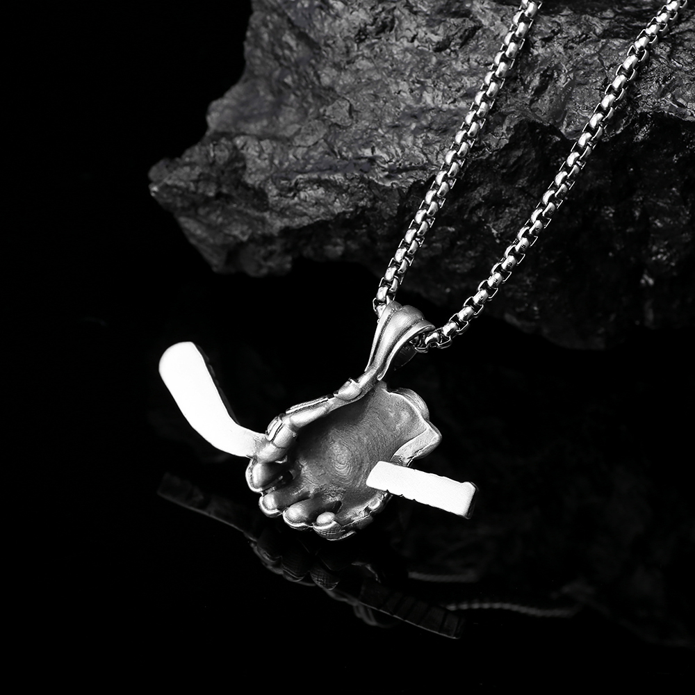 Solid Pewter Ice Hockey Glove & Stick Necklace | Sports Player Pendant