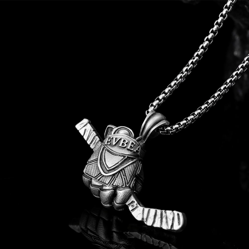 Solid Pewter Ice Hockey Glove & Stick Necklace | Sports Player Pendant