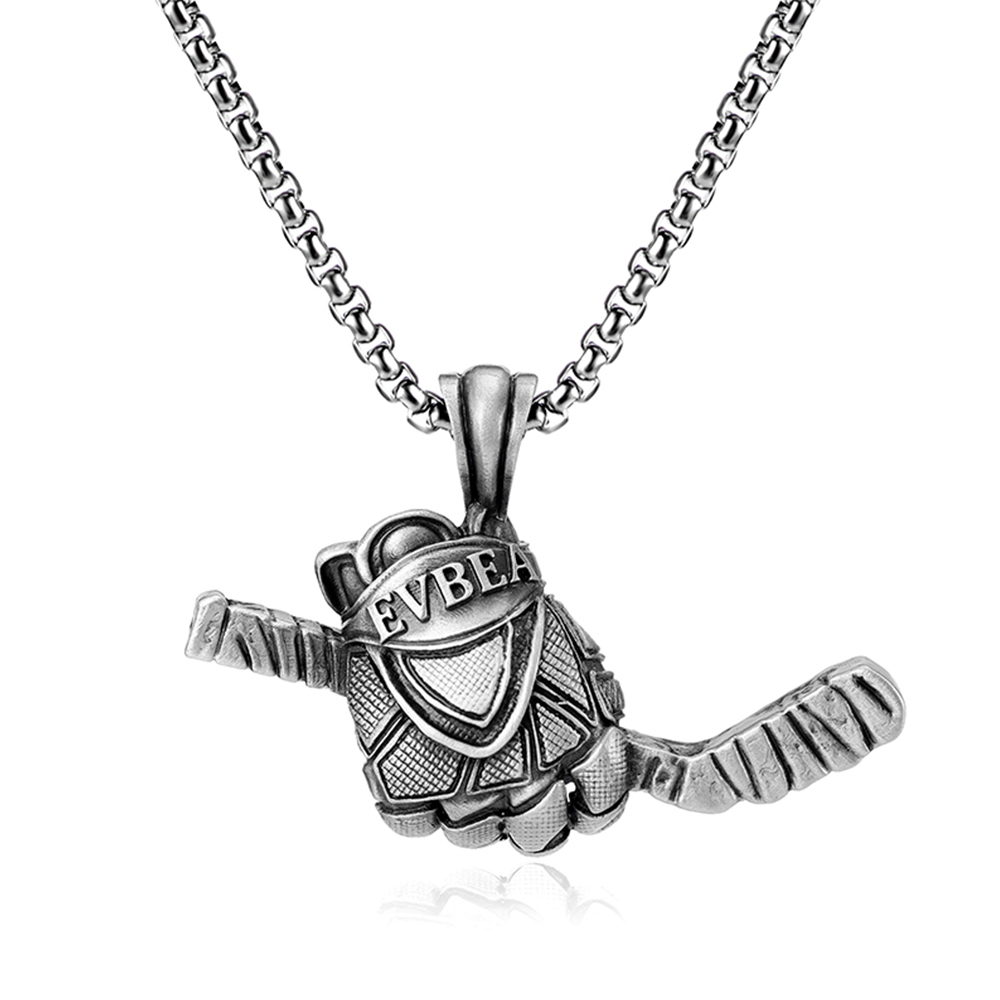 Solid lead-free pewter sports pendant featuring a highly detailed 3D ice hockey glove holding a taped stick with the EVBEA brand engraved on the cuff