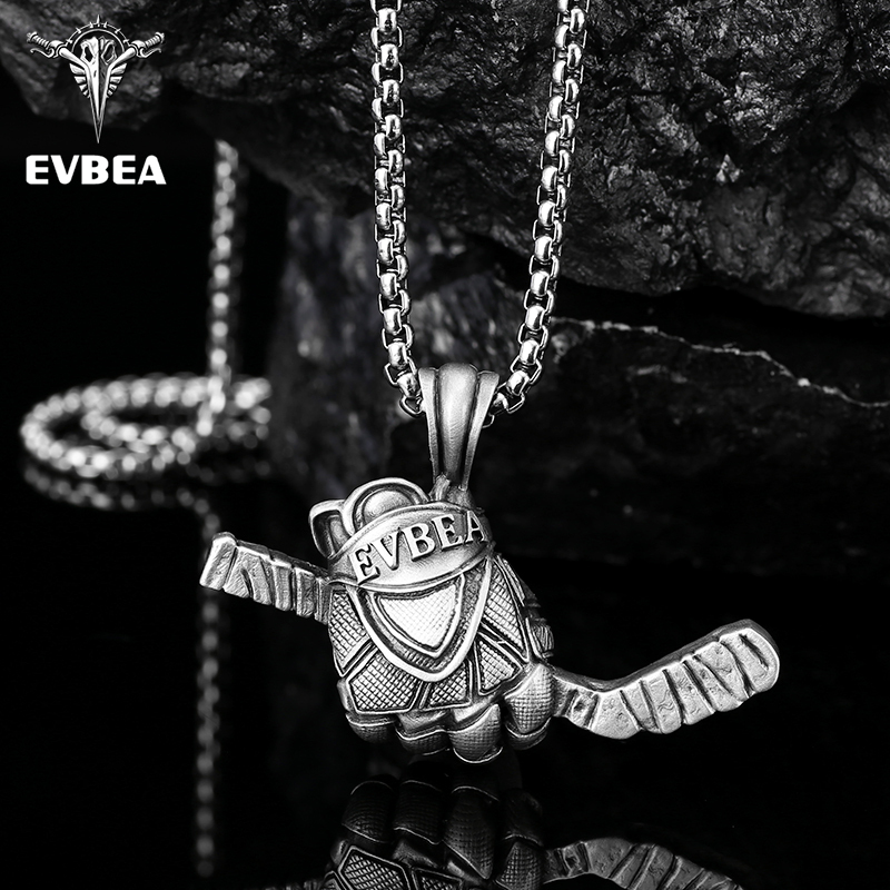 Solid lead-free pewter sports pendant featuring a highly detailed 3D ice hockey glove holding a taped stick with the EVBEA brand engraved on the cuff