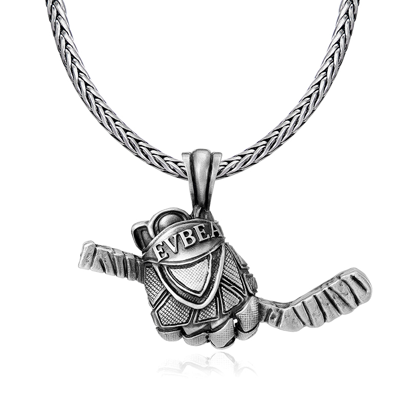 Solid lead-free pewter sports pendant featuring a highly detailed 3D ice hockey glove holding a taped stick with the EVBEA brand engraved on the cuff