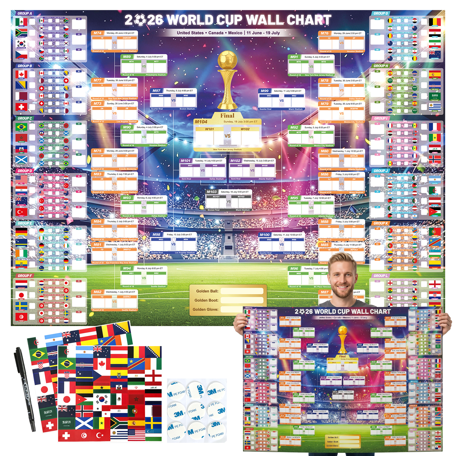 2026 World Cup Wall Chart Poster | ET, BST & CEST Match Schedule