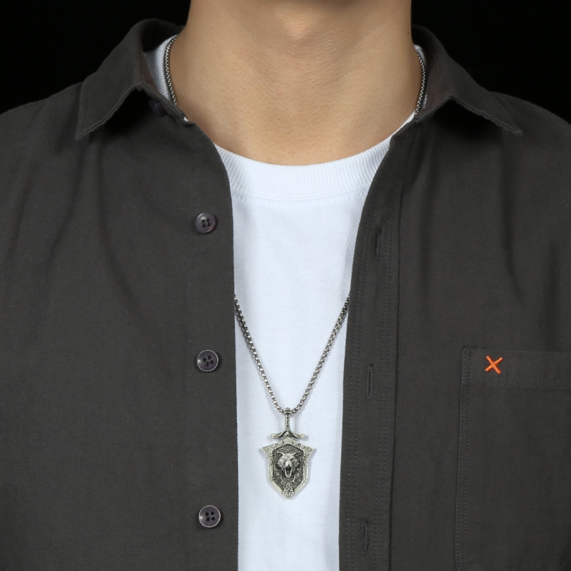Model wearing EVBEA solid pewter Norse bear warrior shield pendant necklace