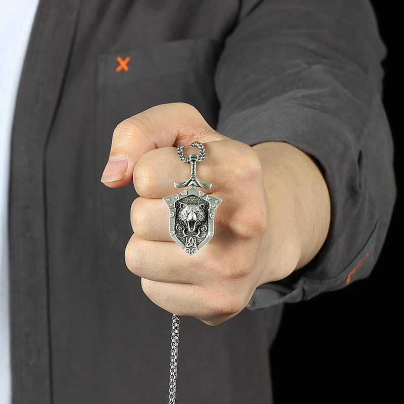 Solid Pewter Viking Bear Shield & Sword Pendant Necklace for Men