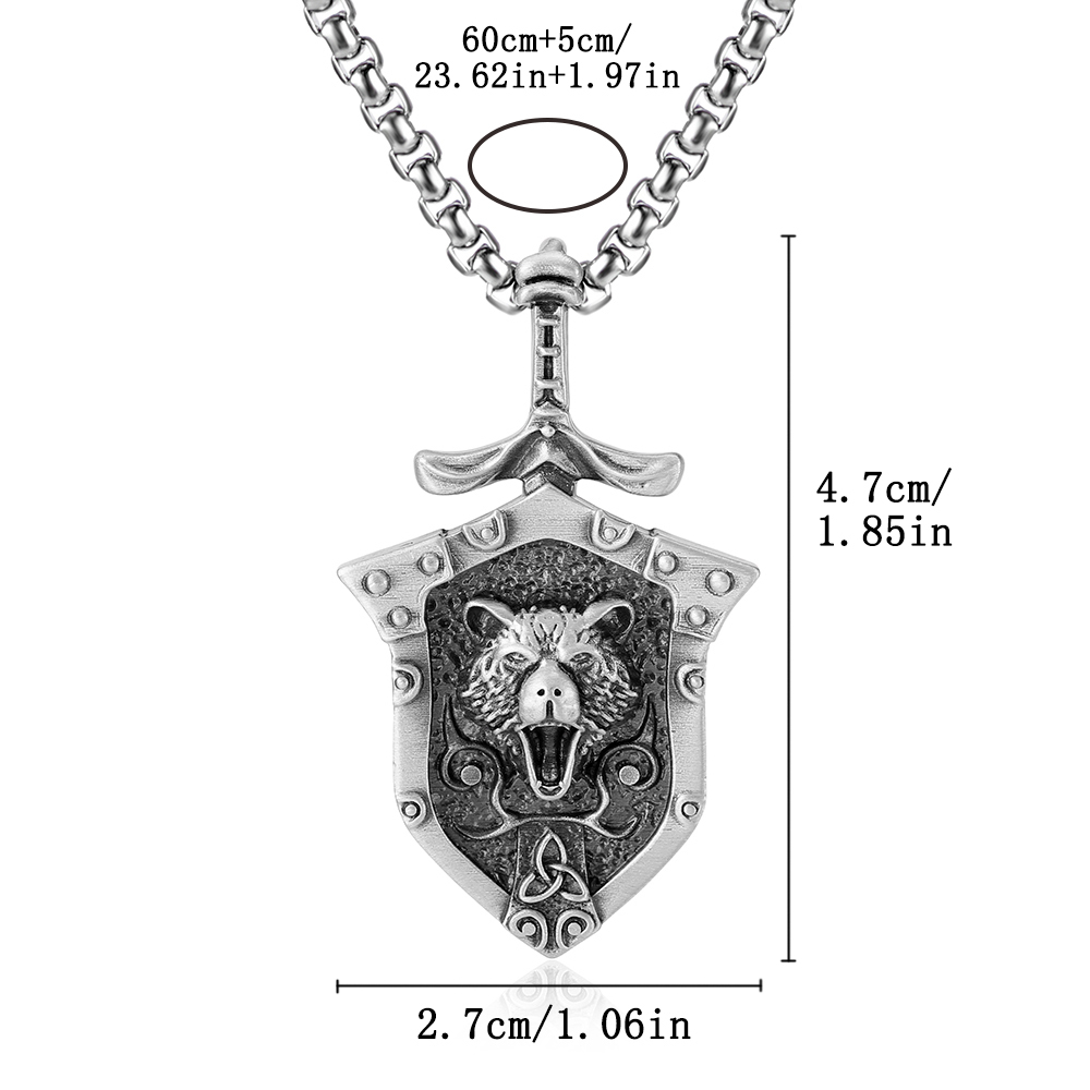 Dimension diagram for EVBEA solid pewter Viking bear shield pendant 4.7cm x 2.7cm and 60cm chain