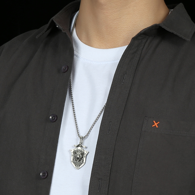 Model wearing EVBEA solid pewter Norse bear warrior shield pendant necklace