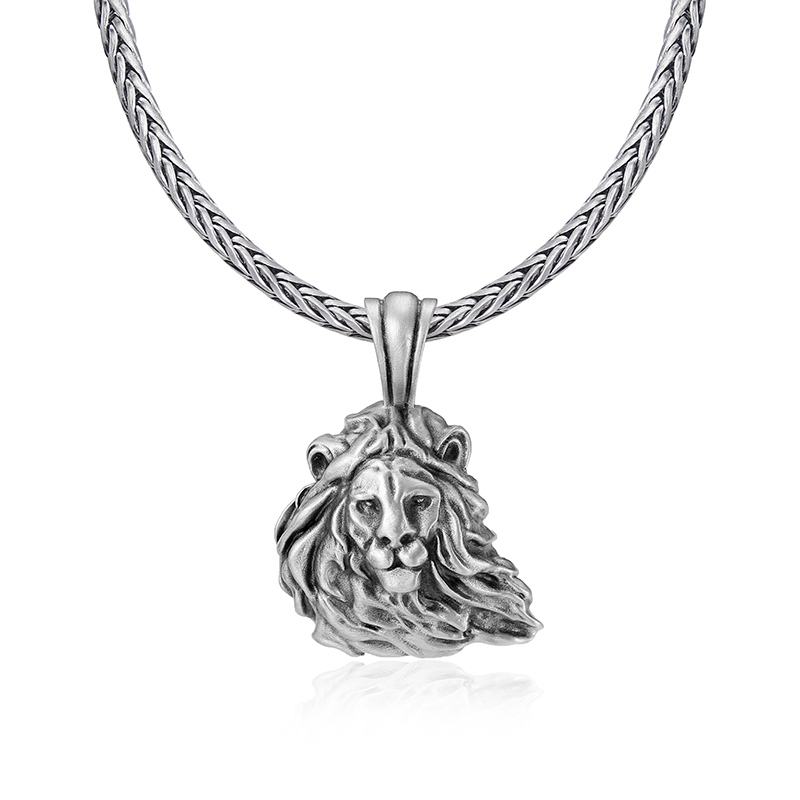 Solid pewter lion head pendant necklace for men with antiqued finish by EVBEA