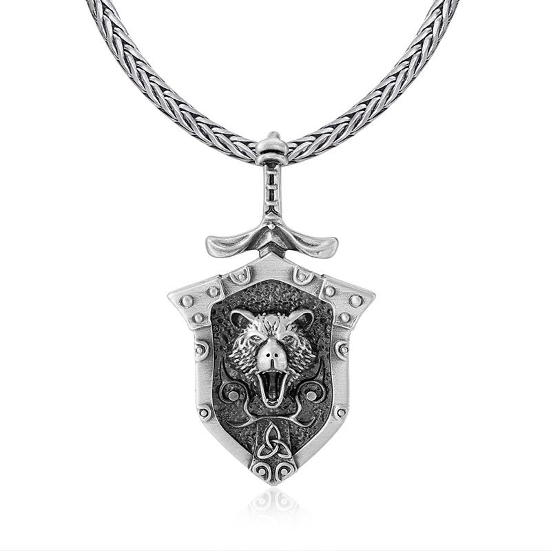 Solid pewter Viking bear head shield and sword pendant necklace for men by EVBEA