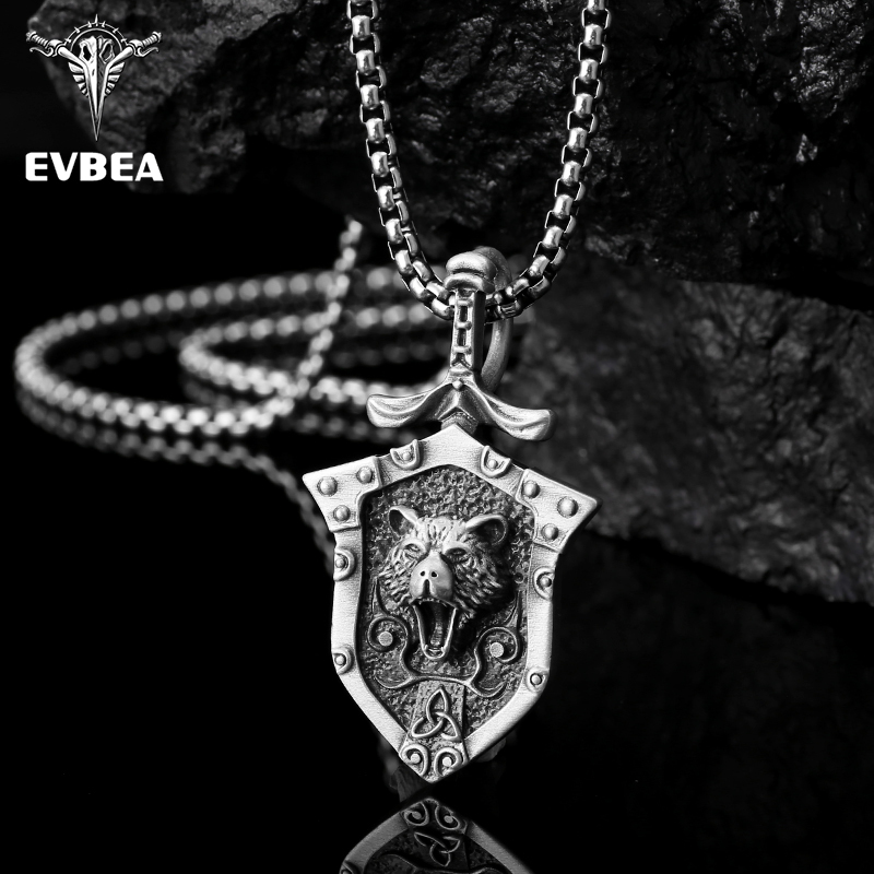 Solid pewter Viking bear head shield and sword pendant necklace for men by EVBEA