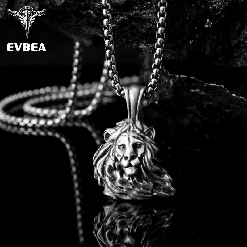 Men's Solid Pewter Lion Head Pendant Necklace | EVBEA