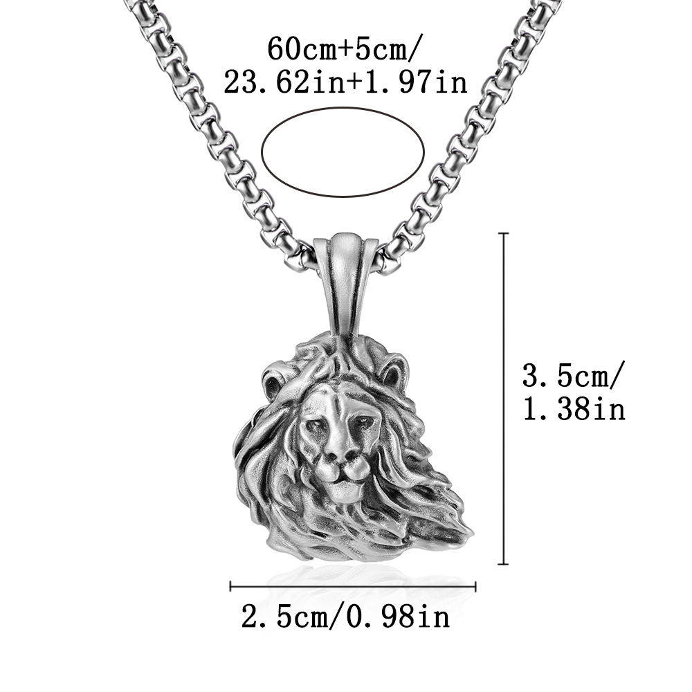 Dimension diagram for EVBEA solid pewter lion head pendant 3.5cm x 2.5cm and chain length 60cm