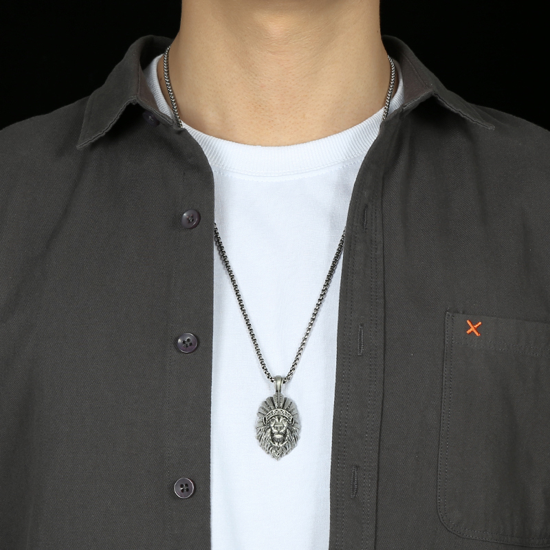 Model wearing EVBEA solid pewter tribal chief lion head pendant necklace