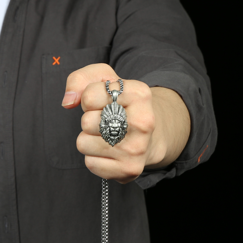 Solid Pewter Indian Chief Lion Head Pendant Necklace for Men