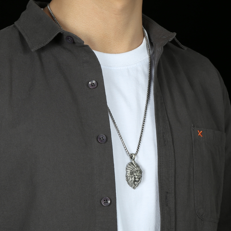 Model wearing EVBEA solid pewter tribal chief lion head pendant necklace