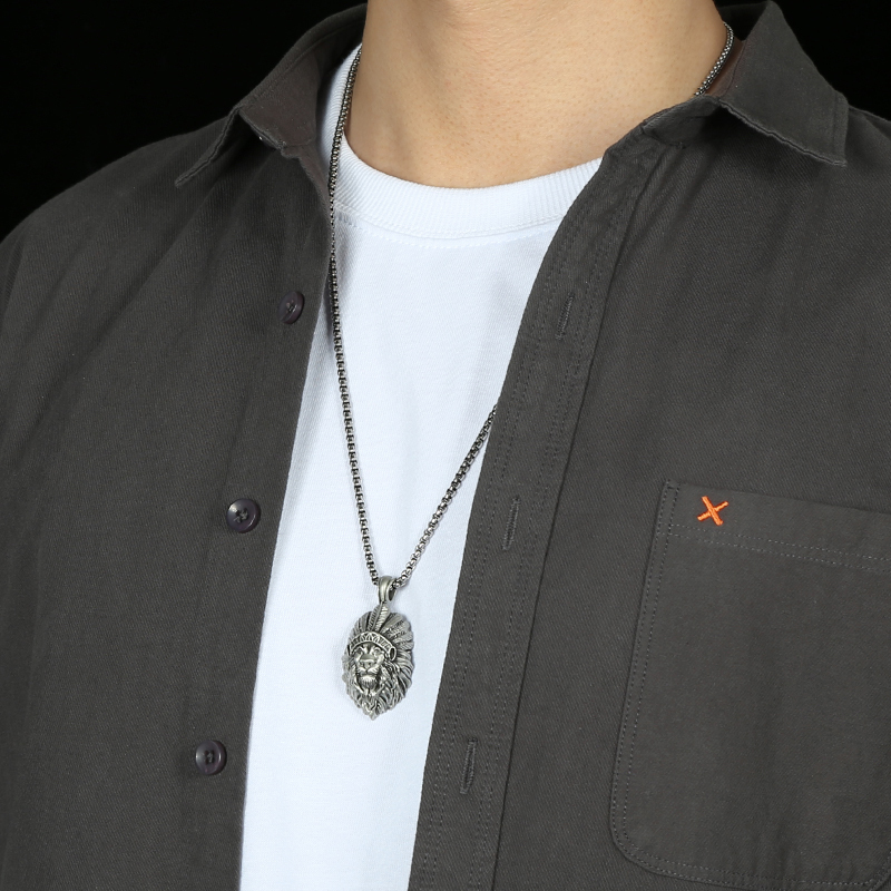 Model wearing EVBEA solid pewter tribal chief lion head pendant necklace