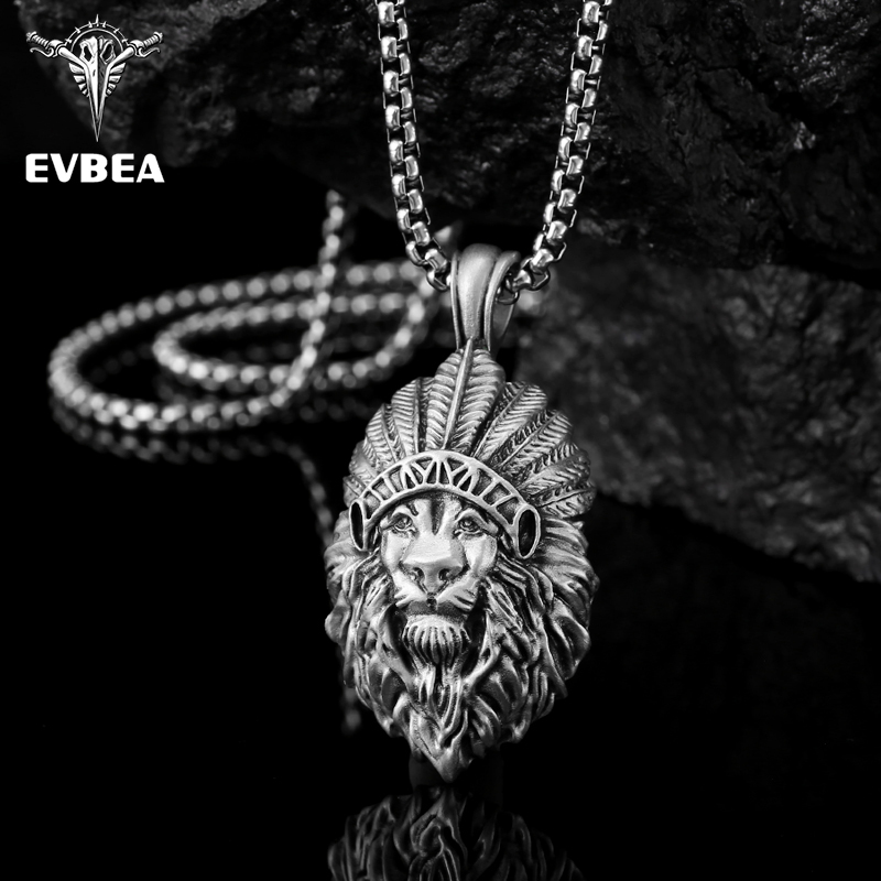 Solid pewter Indian chief lion head pendant necklace for men with feather war bonnet by EVBEA