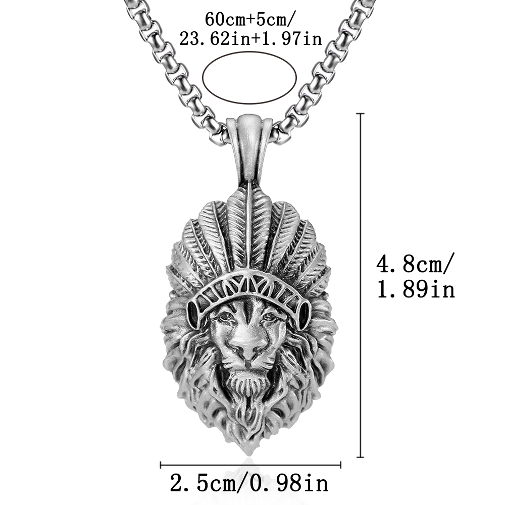 Dimension diagram for EVBEA solid pewter Indian chief lion pendant 4.8cm x 2.5cm and 60cm chain