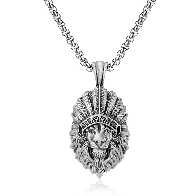 Solid pewter Indian chief lion head pendant necklace for men with feather war bonnet by EVBEA