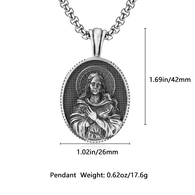 Dimension diagram for EVBEA solid pewter Virgin Mary Christian pendant and 60cm chain