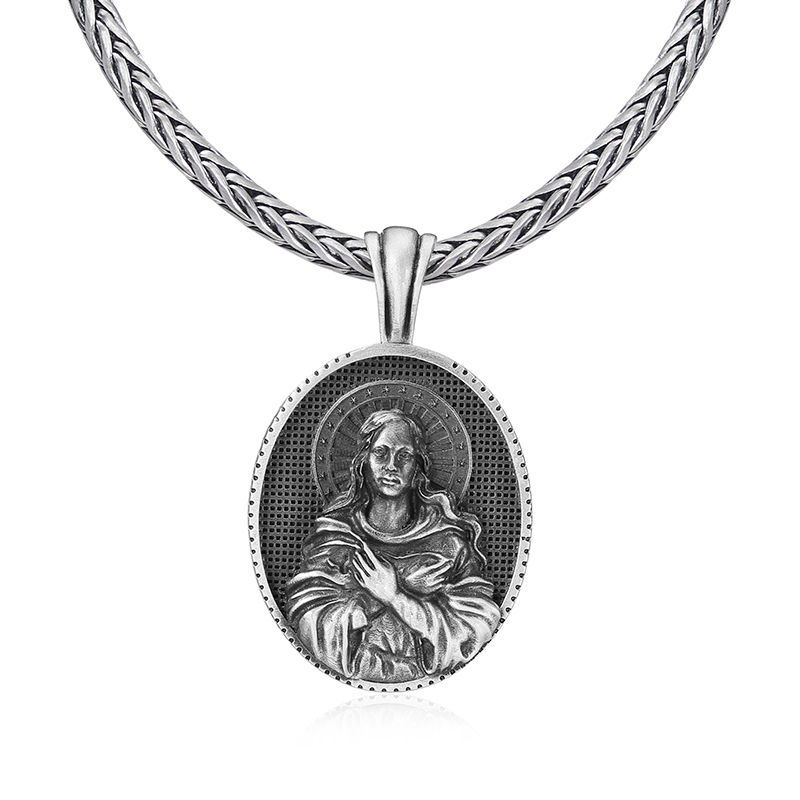 Solid pewter Virgin Mary medallion pendant necklace for men with antiqued finish by EVBEA