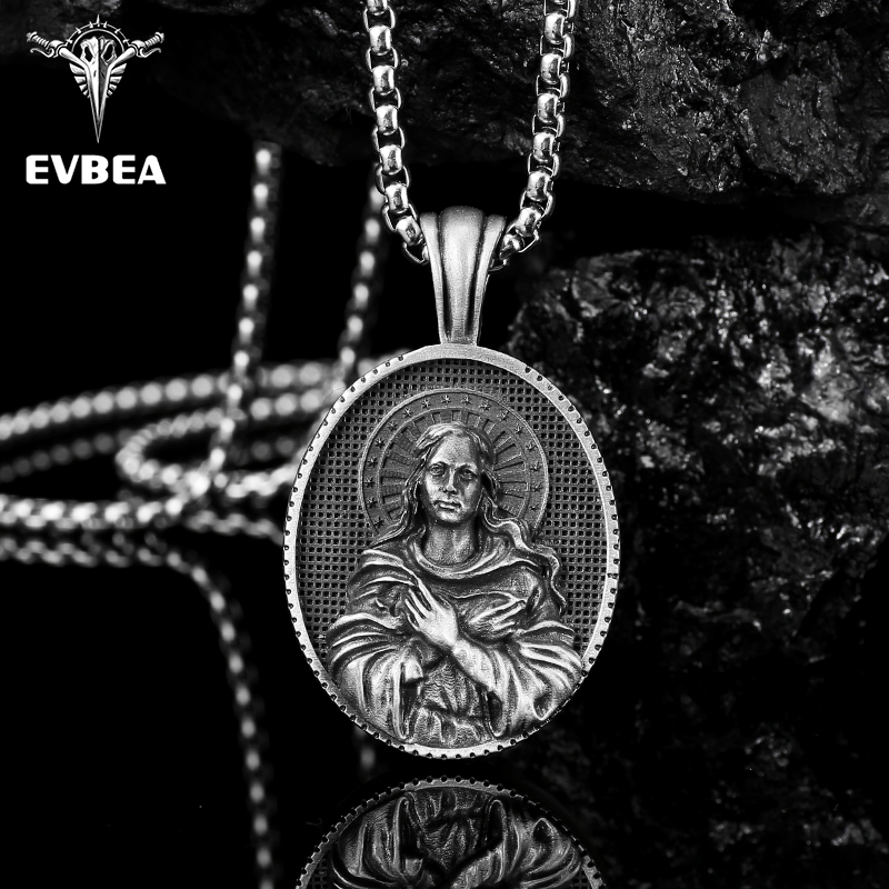 Solid pewter Virgin Mary medallion pendant necklace for men with antiqued finish by EVBEA
