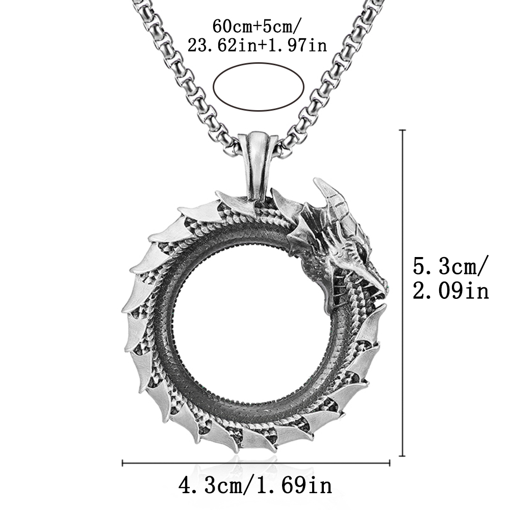 Dimension diagram for EVBEA solid pewter Ouroboros dragon pendant 5.3cm x 4.3cm and 60cm chain