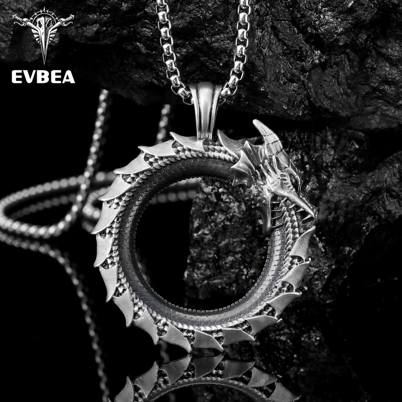 Solid pewter Ouroboros dragon serpent circle pendant necklace for men with antiqued finish by EVBEA